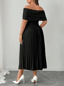 SHEIN Clasi 大码女式露肩纯色短袖褶皱连衣裙，优雅长款女装 - 黑色 - 查看 2