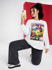 LOONEY TUNES X SHEIN 加大码超大经典多人物大图案英文字母印花崔弟达菲鸭白色 T 恤 - 白色 - 查看 4