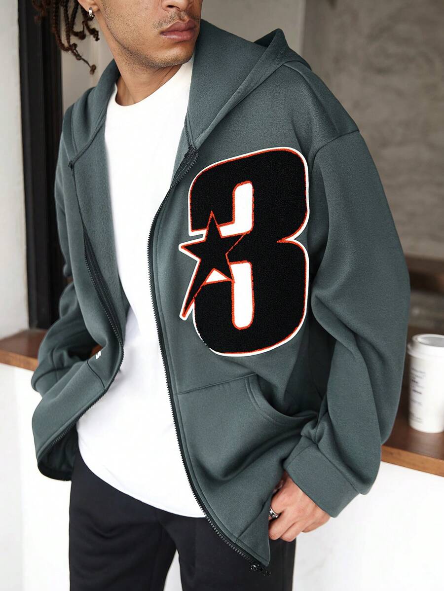 Manfinity Roghcode Men's Letter Print Zip Front Hoodie Casual Sweatshirt, Autumn - Dark Grey - View 1