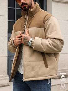Manfinity Homme Áo khoác nam tay dài có túi khóa kéo màu tương phản cỡ lớn, mùa đông - Màu Khaki - Xem 4