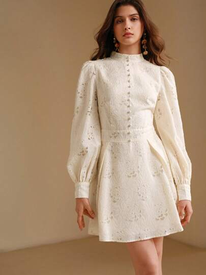 Autumn Stand Collar Lantern Sleeve Waisted Floral Embroidered Elegant Dress