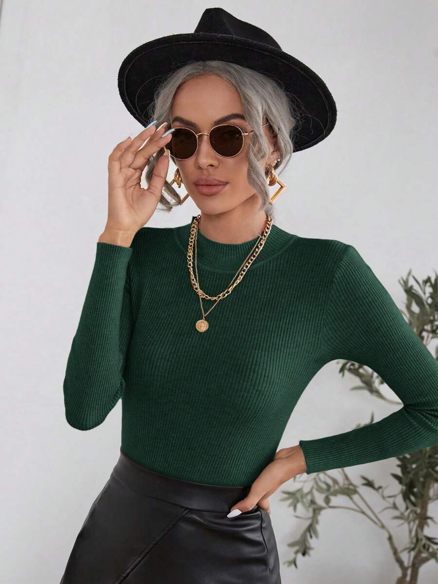 SHEIN Clasi Áo len chui đầu đơn giản cổ tròn dài tay màu trơn cho nữ, mặc thường ngày - Màu xanh lá cây đậm - Xem 1