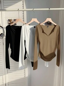SHEIN EZwear Plus Size Women 3-Piece Casual V-Neck Long Sleeve T-Shirt Set, Multi-Colors