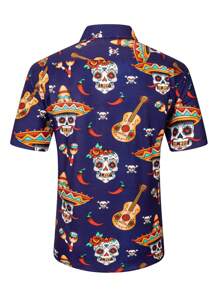 Manfinity EZcore 男士夏季休闲万圣节印花衬衫，万圣节骷髅/骷髅图案短袖衬衫，万圣节男士衬衫，白色纽扣衬衫 - 彩色 - 查看 2