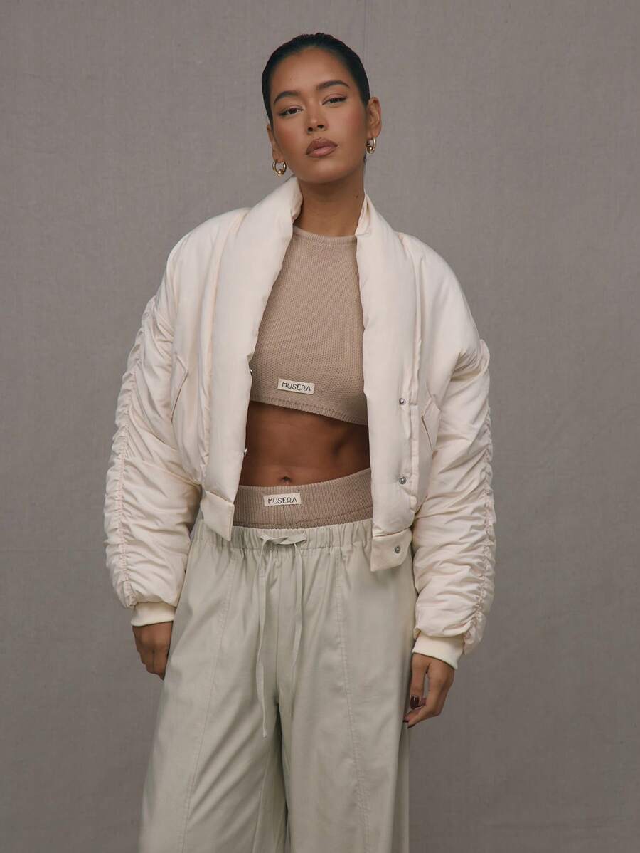 MUSERA Collar Detail Padded Coat - Beige - View 1