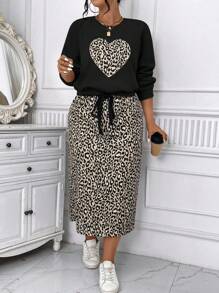 Calvaya 大码休闲豹纹心形图案仿珍珠装饰羊毛运动衫和抽绳腰直下摆裙子两件套，秋冬 - 黑色 - 查看 7