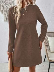 EMERY ROSE 女士休闲简约纯色纹理常规长袖连衣裙秋季 - 咖啡棕 - 查看 6