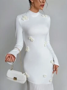 Firerie Women's White 3D Flower High Neck Long Sleeve Pleated Slim Dress