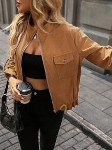 SHEIN LUNE 女士秋季休闲纯色立领抽绳下摆夹克，秋装