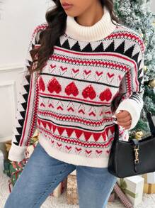 SHEIN Frenchy Plus Size Women's Winter French Christmas High Neck Sequin Cute Heart Pattern Sweater Fall/Winter - Multicolor - View 8