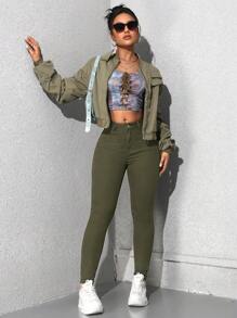 SHEIN ICON Quần Jeans Skinny Lưng Thấp Màu Trơn Thường Ngày Cho Nữ - xanh quân đội - Xem 4