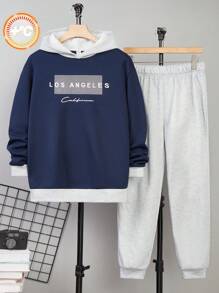 SHEIN 2 Stück/Set Kontrast-Farbblock Hoodie und Jogginghose Set für Teenager Jungen, sportliches Outfit für Frühling/Herbst, Valentinstag - Verschiedenfarbig - Übersicht 5