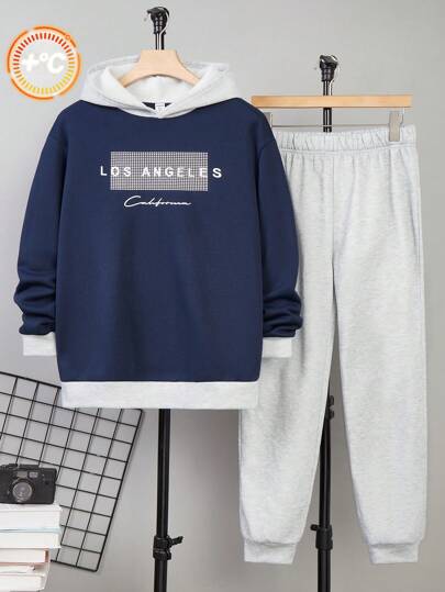 SHEIN Bộ 2 áo hoodie và quần jogger khối màu tương phản cho bé trai tuổi teen, trang phục thể thao cho mùa xuân/thu, ngày lễ tình nhân