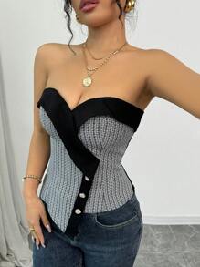 TrendSteals Women's Retro French Chic Versatile Fashion Crop Top Asymmetrical Color Block Design Suitable For New Year Party, Valentine's Day - Black - View 3