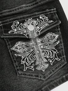 ROMWE Grunge Punk Y2K Style Cross Embroidered & Rhinestone Decor Extremely Low Rise Mini Denim Shorts For Women - Black - View 4