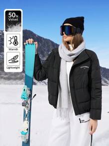 SHEIN EZwear Women's Casual Letter Print Feathers& Down Jacket For Winter - Black - View 1