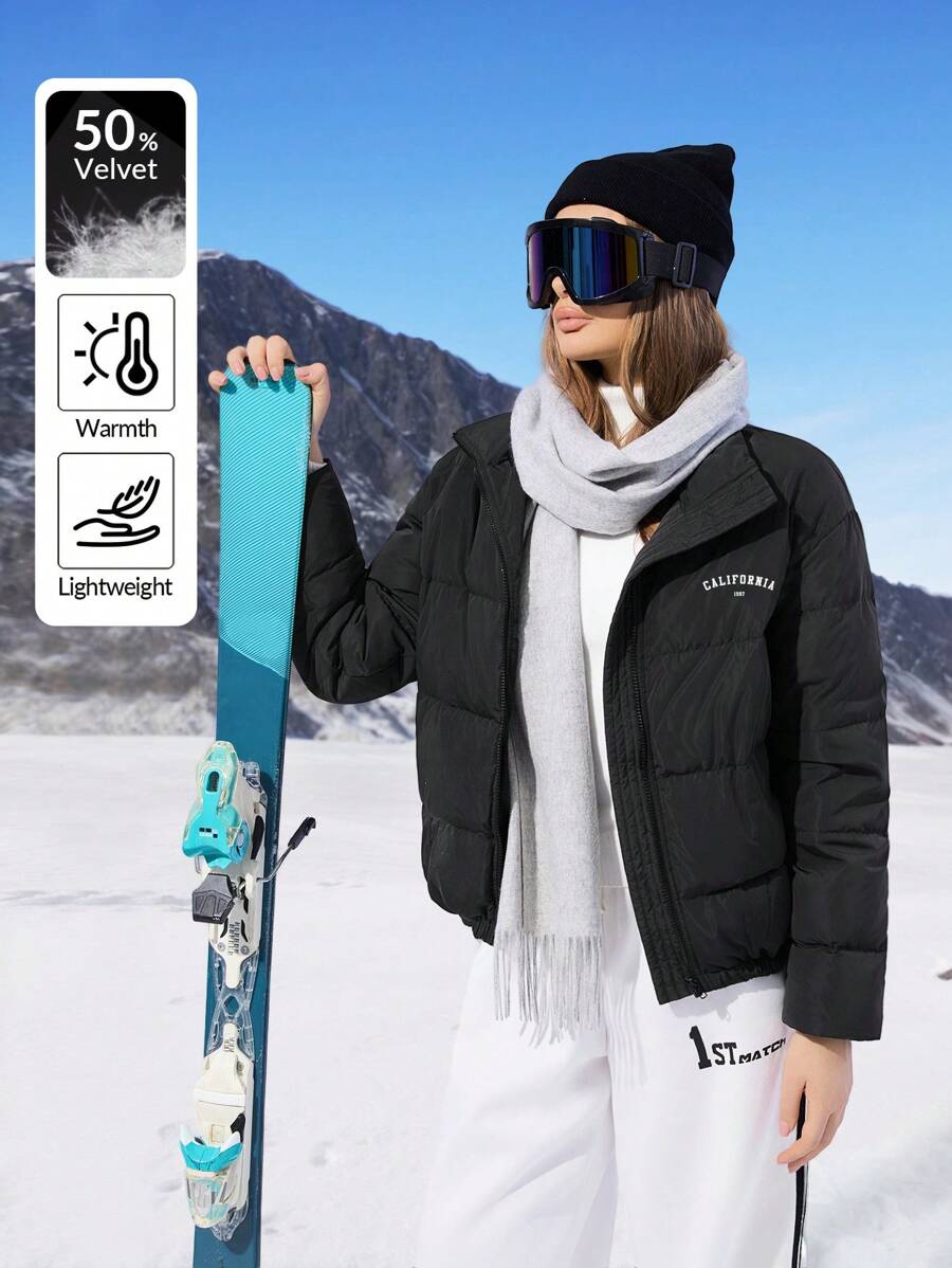 SHEIN EZwear Women's Casual Letter Print Feathers& Down Jacket For Winter - Black - View 1