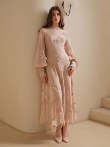 Anewsta Vintage Elegant Hollow Lace Embroidered Butterfly Round Neck Lantern Sleeve Tiered Waist Midi Dress, Autumn Maxi Women Outfit