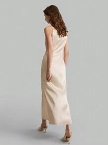 Ontre Nuevo vestido largo sin mangas para primavera 2025 para mujeres, vestido de seda al 11% para uso diario mínimo, vestimenta de lujo para fiestas con abertura lateral - Albaricoque - Ver 2