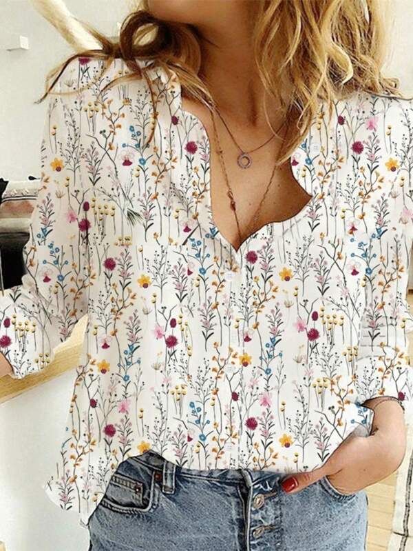 Mother's Day Ditsy Floral Vacation Shirt, Casual Button-Front Long Sleeve Blouse, Women Spring/Summer White