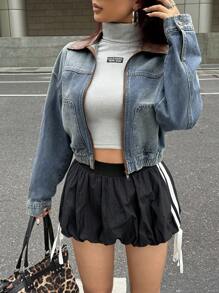 SHEIN EZwear Women's Casual Daily Wear Zip Up Leather Neck Long Sleeve Denim Jacket