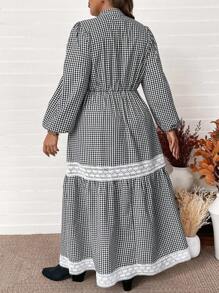 SHEIN VCAY Váy tay đèn lồng ren họa tiết gingham phong cách đồng quê thanh lịch cỡ lớn, mùa xuân/thu - Đen và trắng - Xem 2