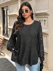 SHEIN LUNE Camiseta feminina plus size casual de Natal com nervuras brilhantes, gola redonda, manga comprida, design de botão, elegante para roupas de férias de outono e inverno