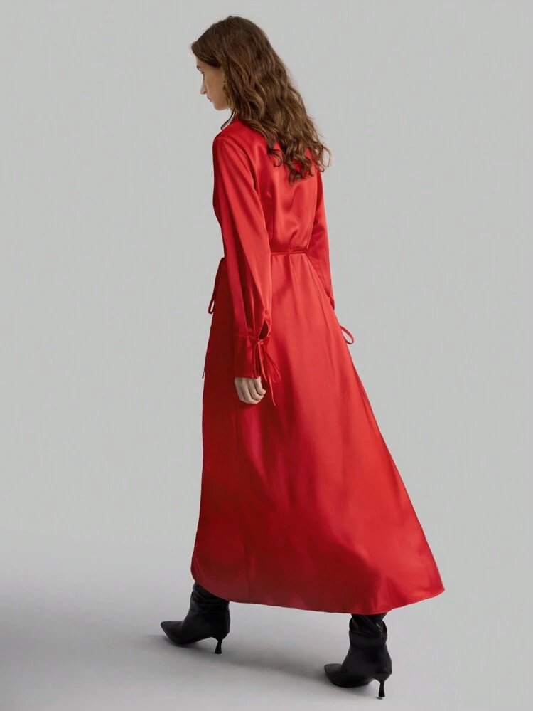 Women's Red Solid Color Long Sleeve Tie-Up Simple Long Wrap Dress For Daily Casual Wear, Autumn/Winter