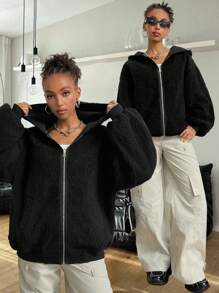 SHEIN EZwear 女士休闲双面连帽羊毛夹克，适合秋冬季 - 黑色 - 查看 8