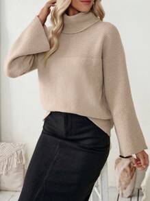 SHEIN LUNE Women Plain Turtleneck Long Sleeve Minimalist Sweater, Casual Everyday Wear Knit Pullover Fall Winter - Khaki - View 7