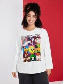 LOONEY TUNES X SHEIN 加大码超大经典多人物大图案英文字母印花崔弟达菲鸭白色 T 恤 - 白色 - 查看 5