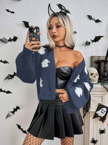 SHEIN ChicEase 复古哥特万圣节氛围刺绣多臂V领宽松针织毛衣外套秋冬欧美风 - 藏蓝色 - 查看 1