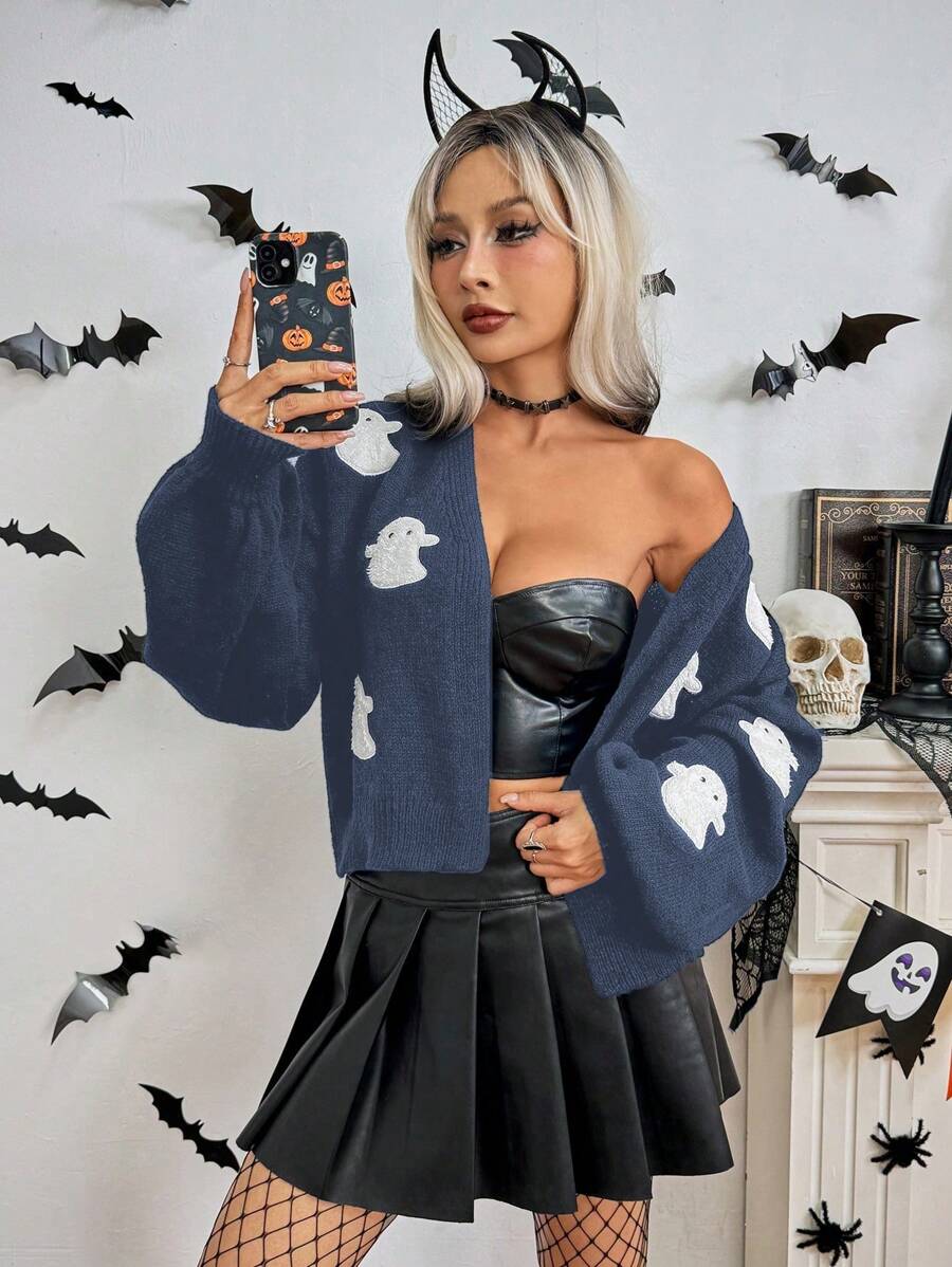 SHEIN ChicEase 复古哥特万圣节氛围刺绣多臂V领宽松针织毛衣外套秋冬欧美风 - 藏蓝色 - 查看 1