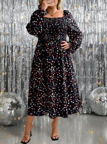 SHEIN LUNE 大码女式圆点印花方领收腰连衣裙 - 彩色 - 查看 4