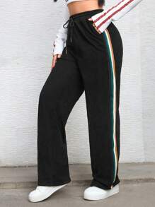 Pantalones de pana con rayas laterales para mujeres, ideales para el otoño, Acción de Gracias y Navidad - Negro - Ver 6