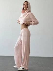 Aloruh Set de 2 piezas con conjunto casual de rayas azules y blancas para ir y venir, incluye top corto con capucha de manga larga holgada y pantalones maxi de cintura elástica