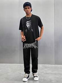 SHEIN 1pc Teen Boys' Casual Street Style Cool Printed Black Knitted Short Sleeve T-Shirt, Suitable For Summer Outings