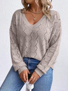 SHEIN LUNE Plus Size V-Neck Long Sleeve Fashionable Loose Casual Pullover Sweater, For Winter Knit Pullover Fall Outfit