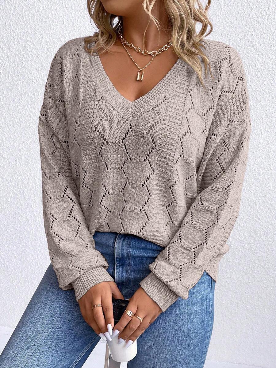 SHEIN LUNE Plus Size V-Neck Long Sleeve Fashionable Loose Casual Pullover Sweater, For Winter Knit Pullover Fall Outfit