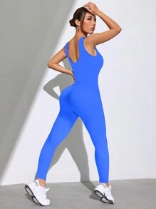 Easithlete 1pc Women Solid Color Sleeveless Simple Fitted Jumpsuit, Casual For Daily Wear - Blue - View 5