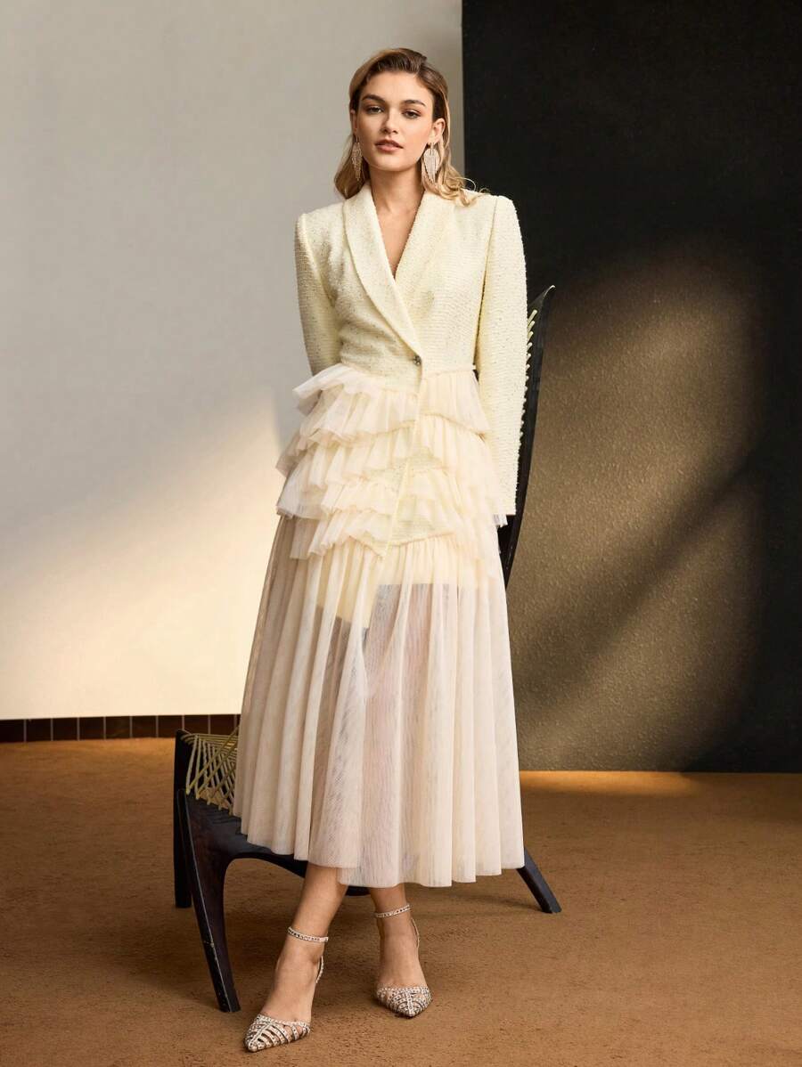 MOTF Soiréza VESTIDO LARGO CON Body DE TWEED, CUELLO CHAL, CAPA DE MALLA Y VOLANTE EN BAJO