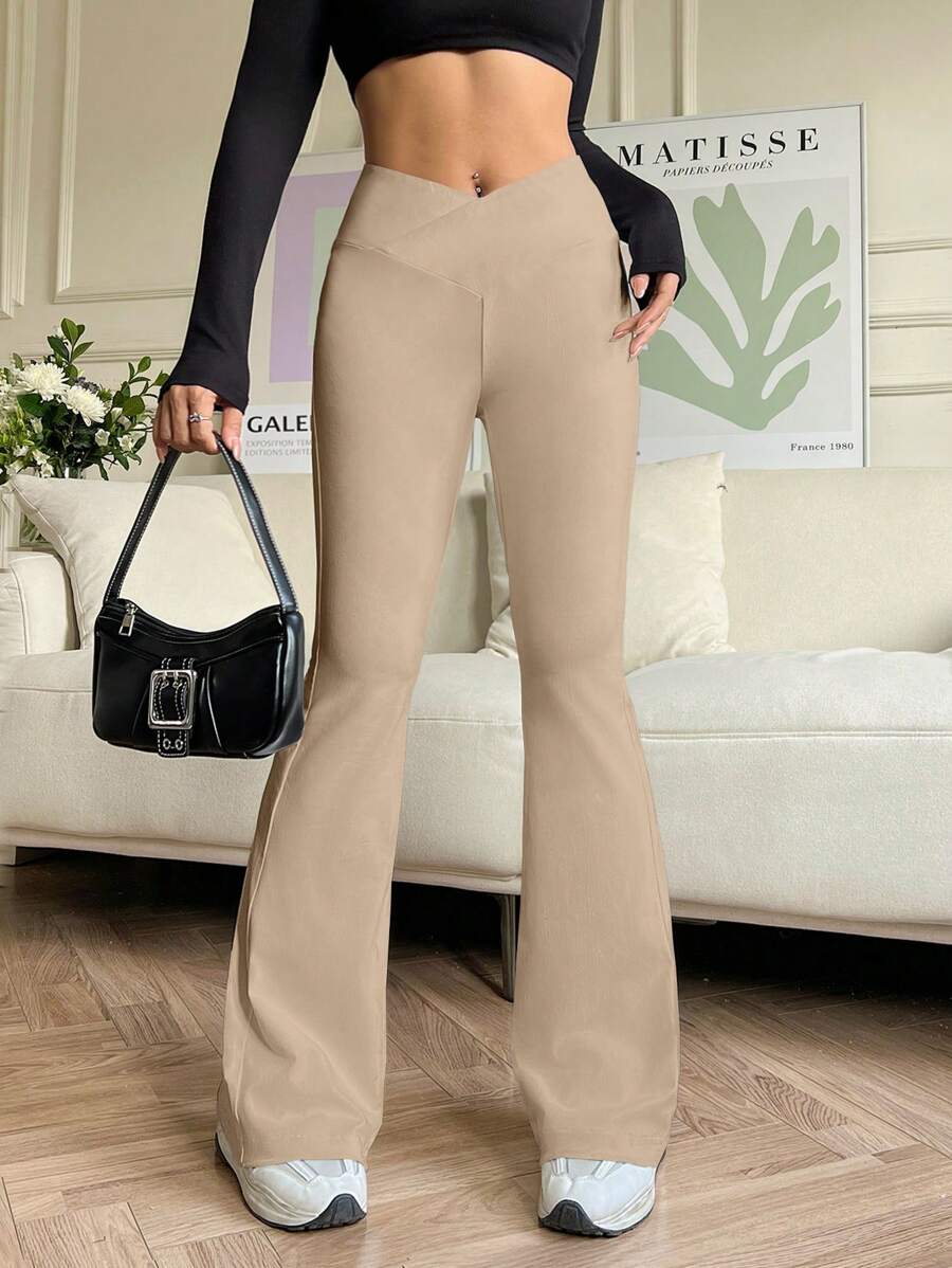 SHEIN EZwear 休闲简约纯色交叉 V 形腰带喇叭裤 - 卡其色 - 查看 1
