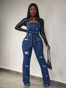 Slaydiva Women's Distressed Cargo Pocket Flared Casual Denim Jumpsuit With Suspenders - Dark Wash - View 7