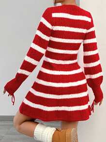 SHEIN EZwear Women Casual Daily Wear Color Block Striped Cable Knit Sweater Dress, Autumn/Winter