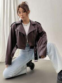 SHEIN Unity 女士时尚立领拉链机车夹克，秋季 - 酒紅色 - 查看 6
