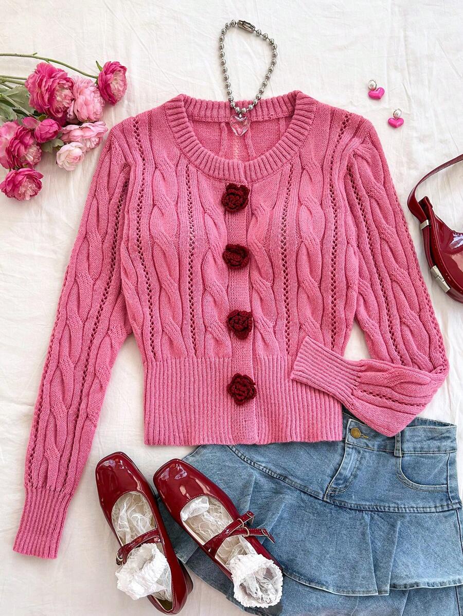 Soleia WYWH Women Vacation 3D Floral Crochet Knitted Cardigan Sweater, Rhombus Cable Knit Open Front Sweater, Rose Pink Color - Hot Pink - View 1