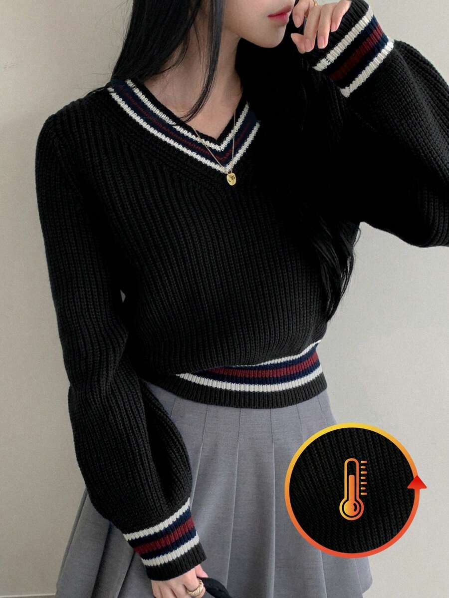 DAZY V-Neck Casual Contrast Color Striped Women Long Sleeve Sweater,Long Sleeve Tops,Fall Clothes