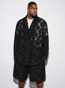 Manfinity VCAY 大码男士花卉提花缺口领宽松长袖西装外套和短裤套装 - 彩色 - 查看 1