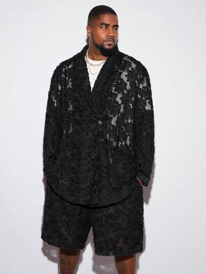 Manfinity VCAY Plus Size Men Floral Jacquard Notch Collar Loose Long Sleeve Suit Jacket And Shorts Set