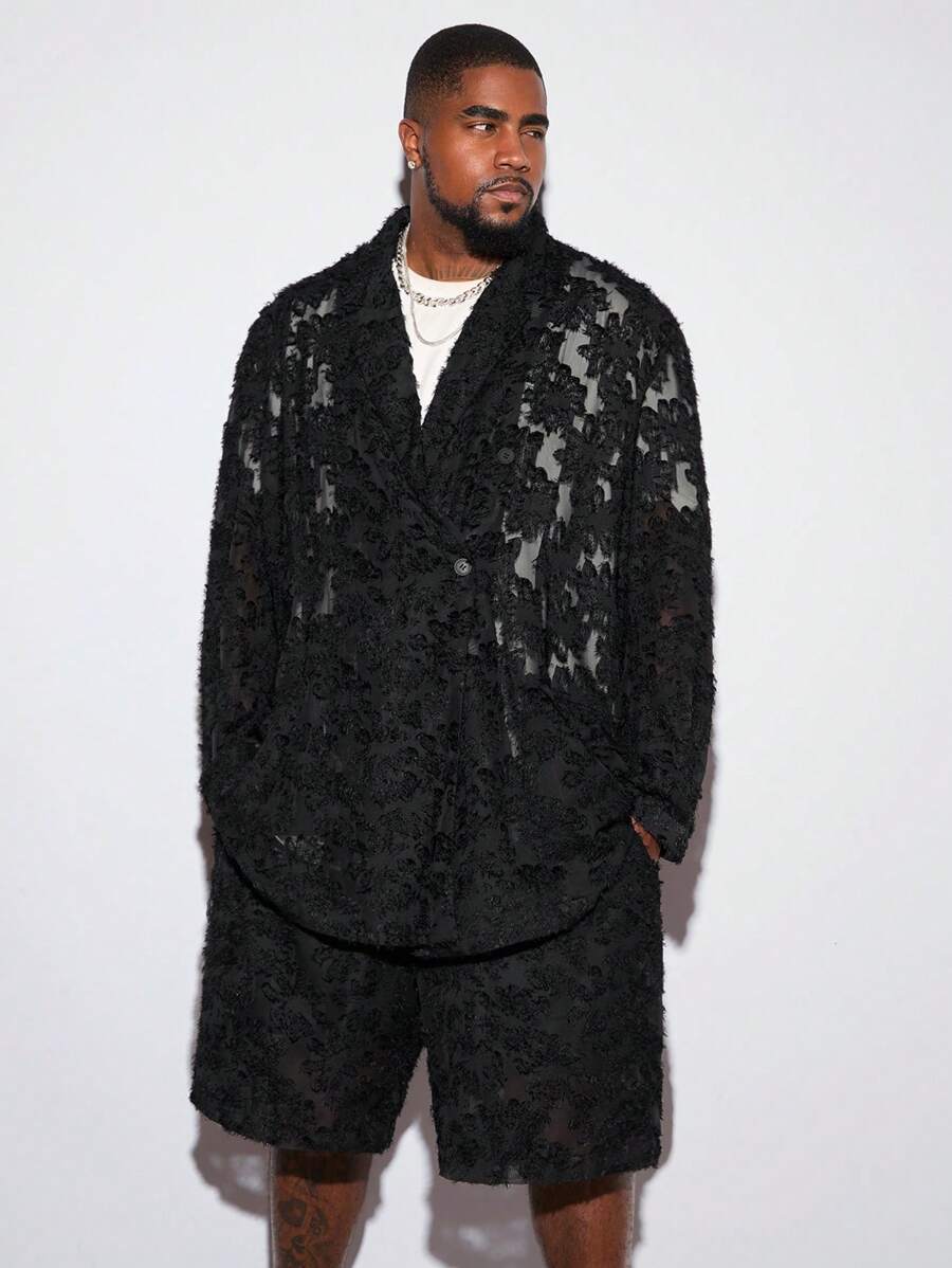 Manfinity VCAY 大码男士花卉提花缺口领宽松长袖西装外套和短裤套装 - 彩色 - 查看 1